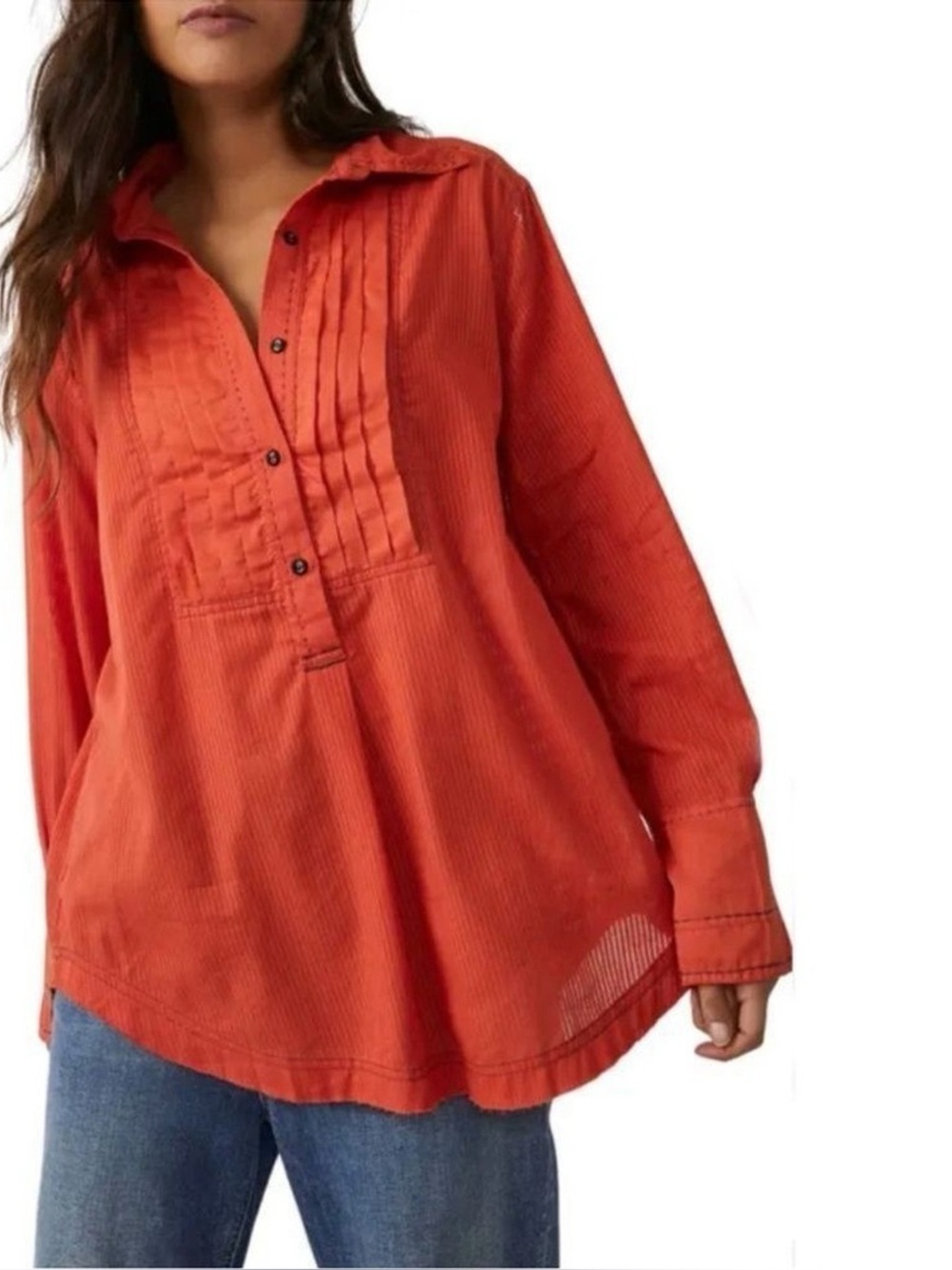 Free People We The Free Black Tie Tux Shirt S Tiger Red Orange Pintuck Oversized